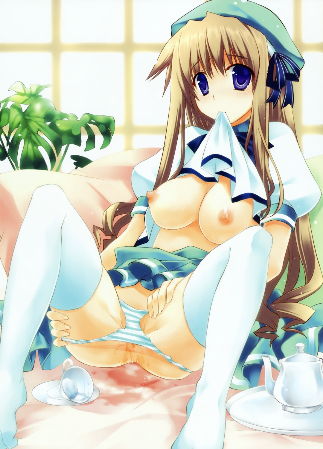 ariko_yohichi breasts nipples no_bra pantsu panty_pull pussy_juice shirt_lift thighhighs wet