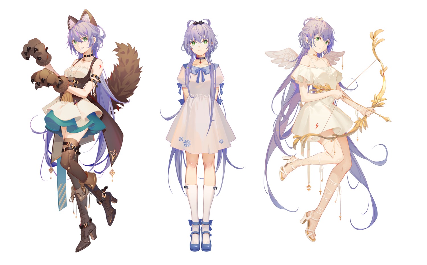 animal_ears dress garter heels luo_tianyi tail tattoo thighhighs tidsean vocaloid weapon wings