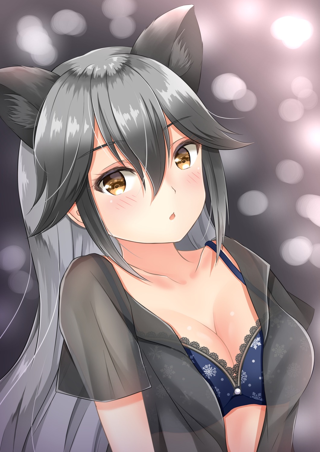 animal_ears bra cleavage inahori kemono_friends open_shirt see_through silver_fox