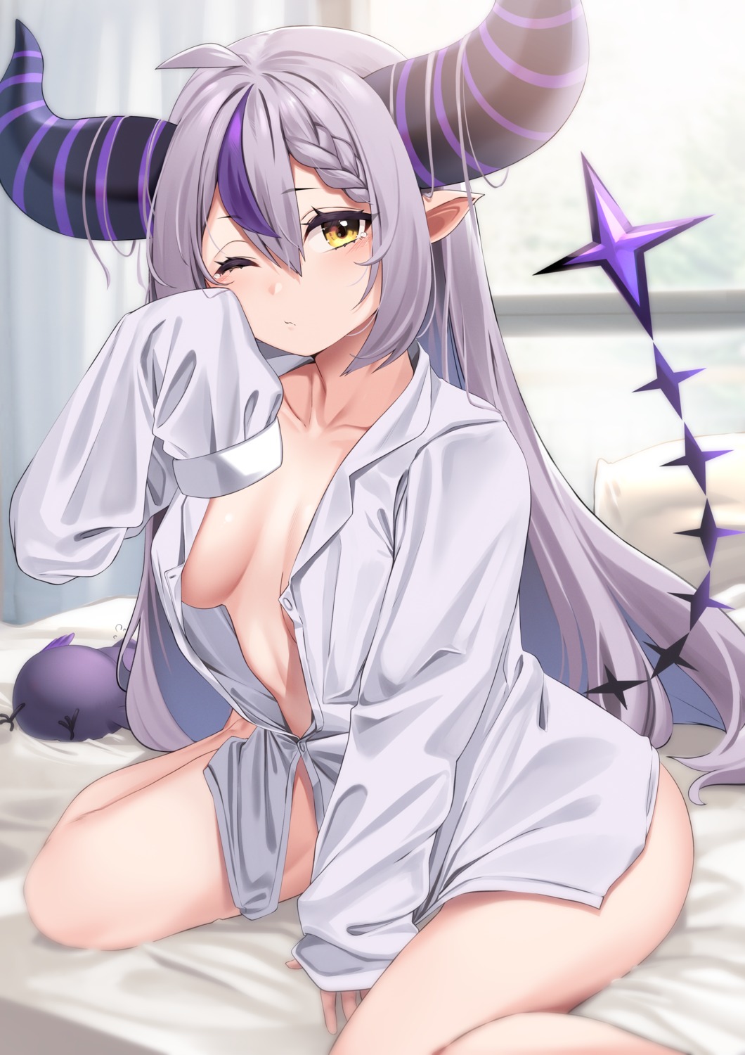 dress_shirt hololive horns la+_darknesss moisture_(chichi) no_bra open_shirt pointy_ears tail