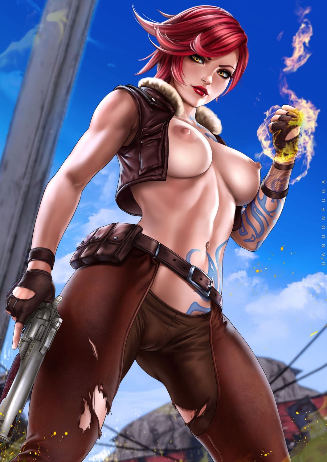 borderlands breasts cameltoe dandon_fuga gun lilith_(borderlands) nipples no_bra open_shirt tattoo torn_clothes