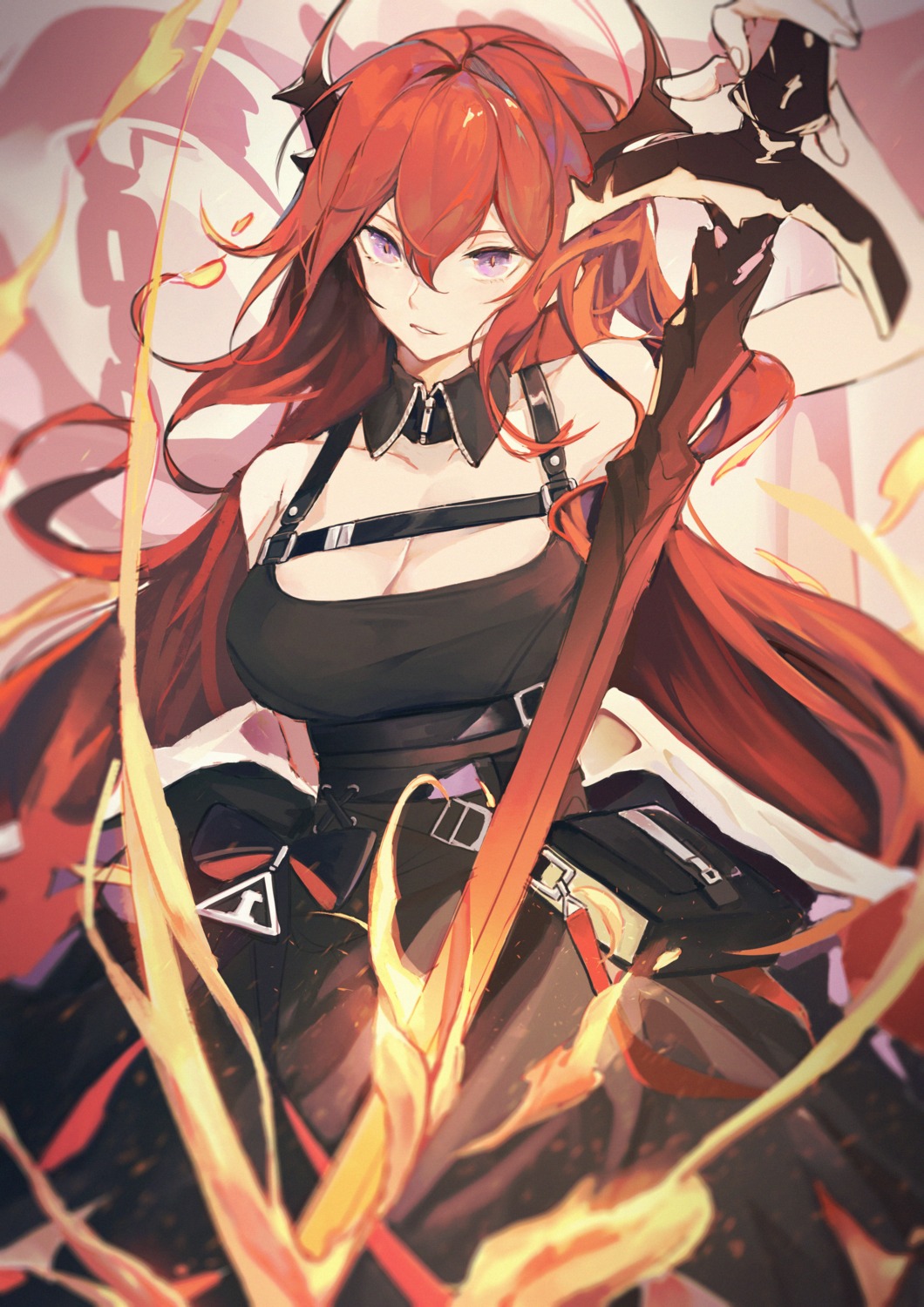 arknights cleavage fanshu horns surtr_(arknights) sword