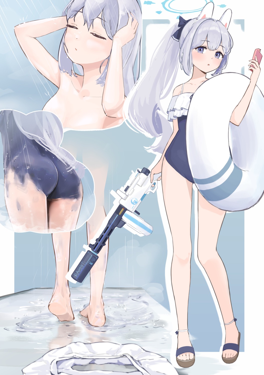 animal_ears ass bathing bikini_top blue_archive bottomless bunny_ears gun halo ryh4 swimsuits topless tsukiyuki_miyako wet