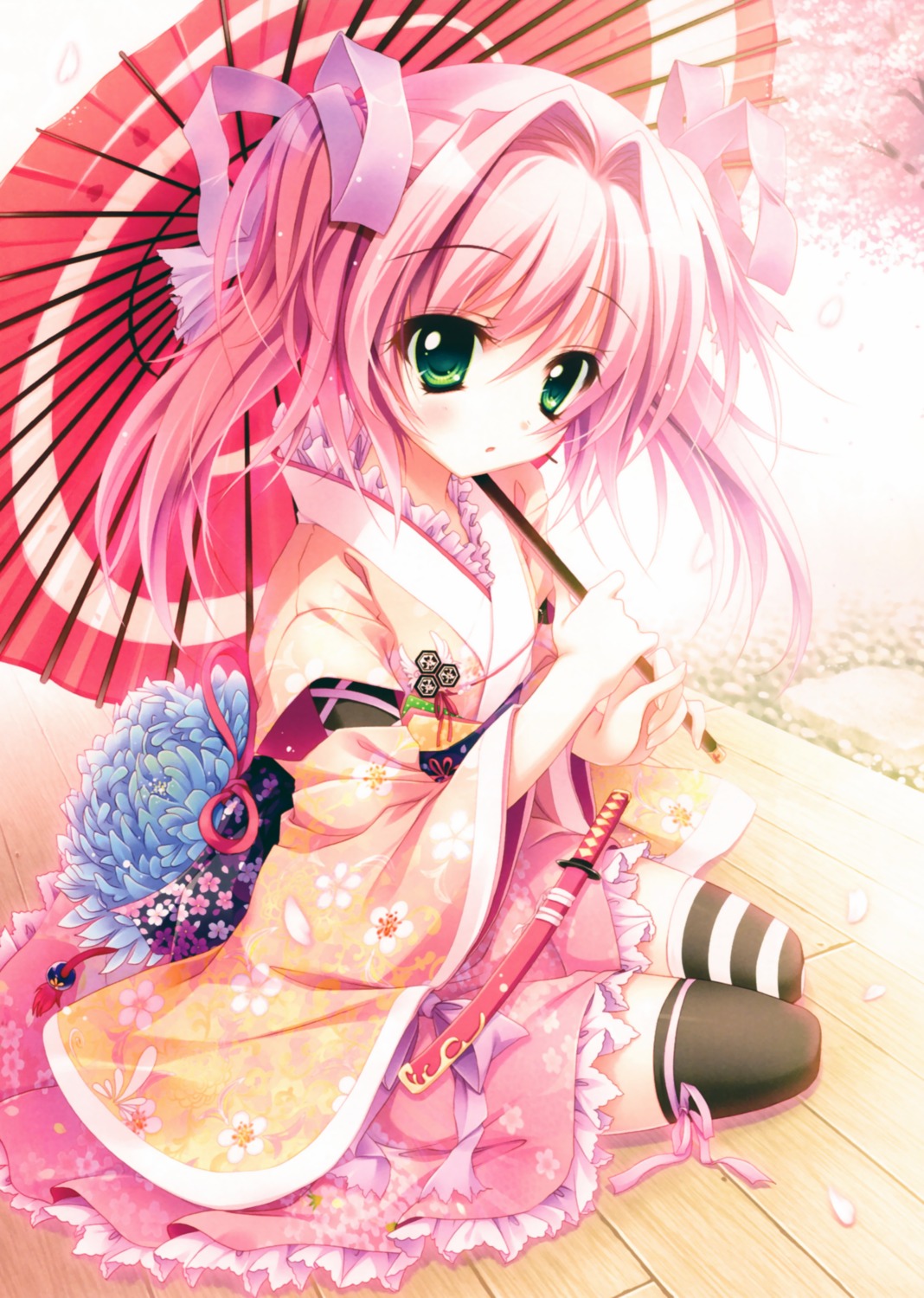 izumi_tsubasu kimono sword thighhighs umbrella