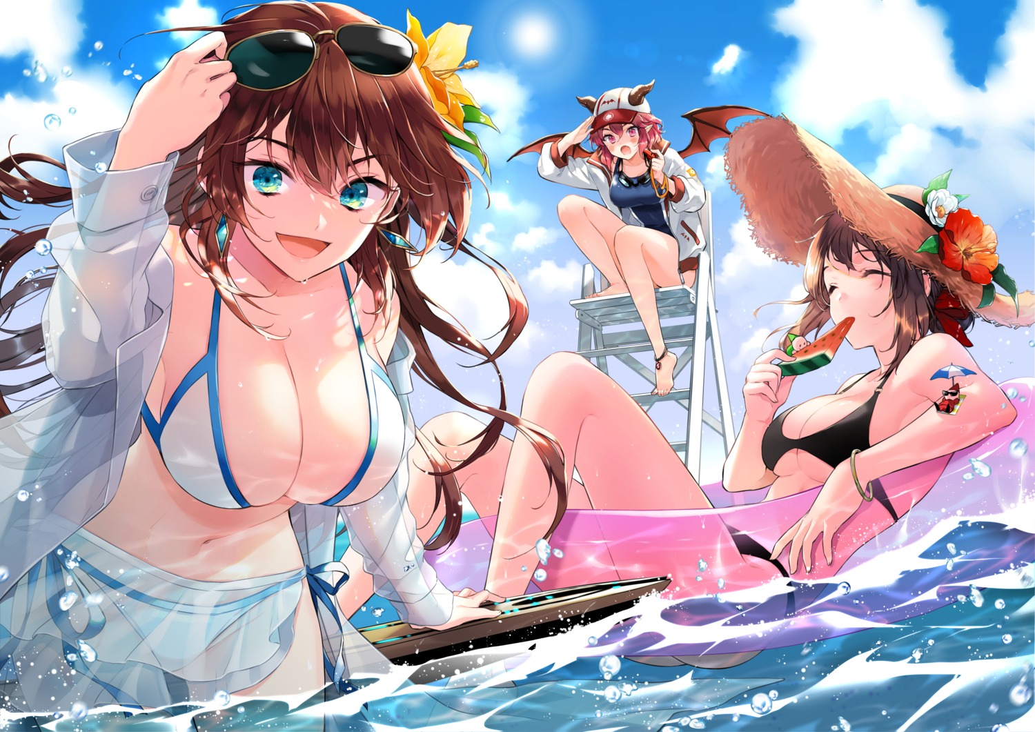 bikini dress_shirt guardian_tales horns megane open_shirt see_through swimsuits tagme wet wet_clothes wings