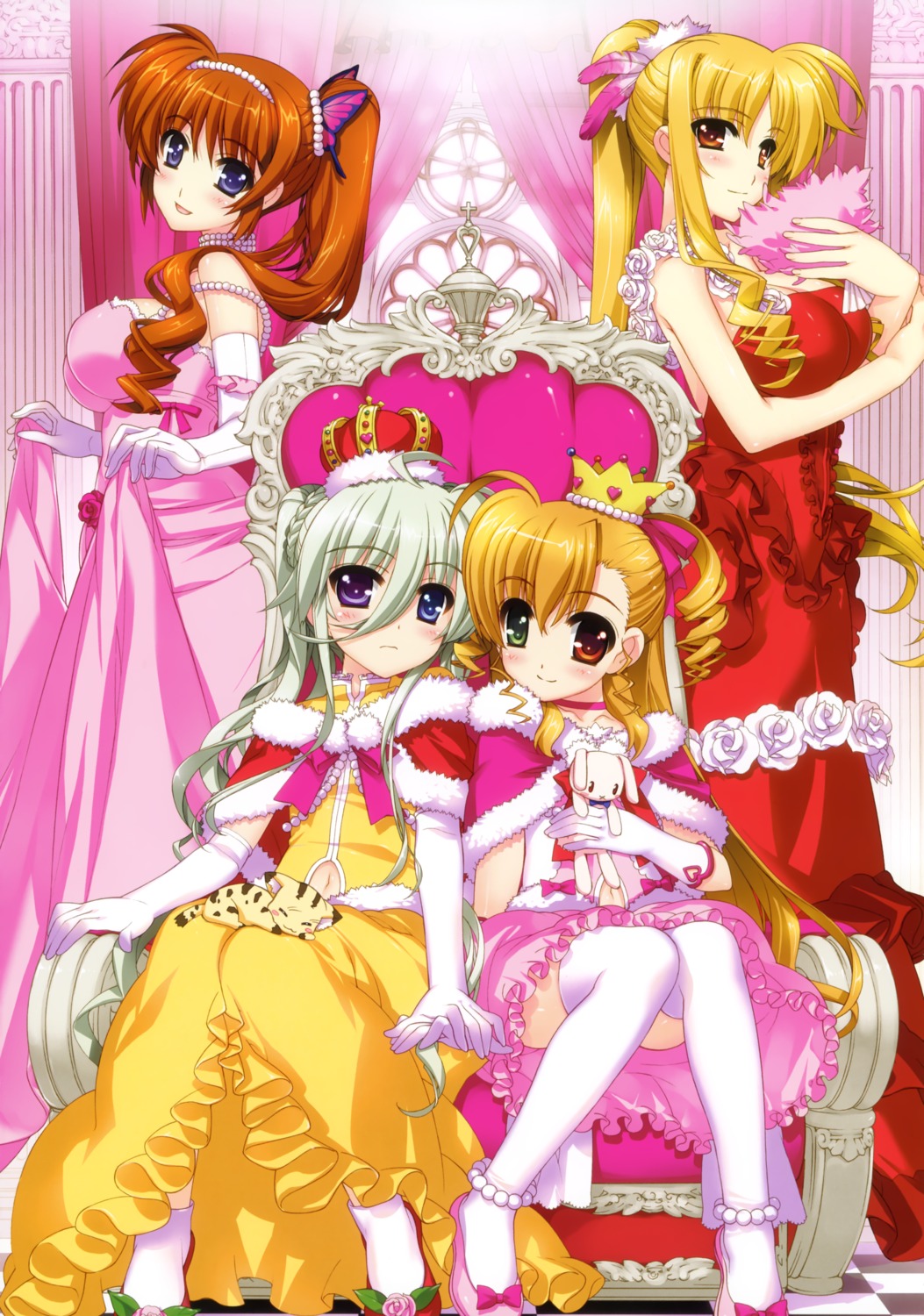 asteion cleavage dress einhart_stratos fate_testarossa fujima_takuya heterochromia mahou_shoujo_lyrical_nanoha mahou_shoujo_lyrical_nanoha_vivid sacred_heart takamachi_nanoha thighhighs vivio