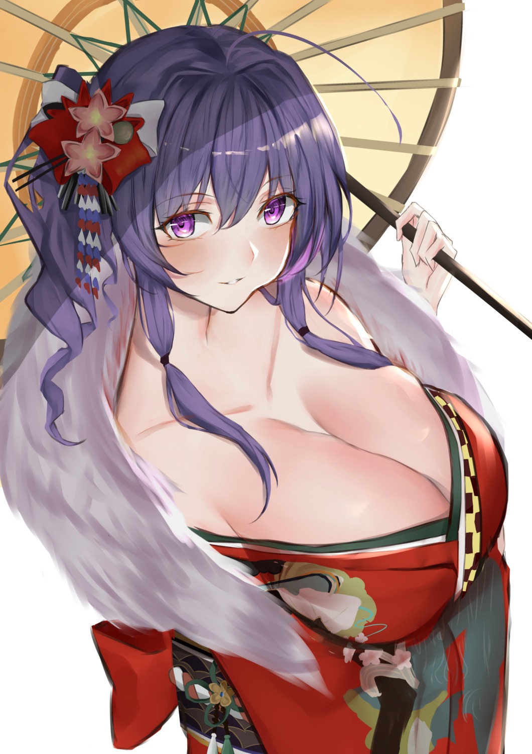 azur_lane cleavage japanese_clothes ljpwow no_bra open_shirt st._louis_(azur_lane) umbrella