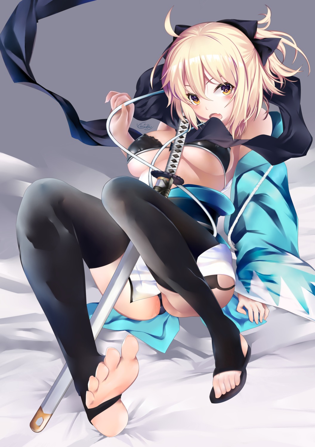 bikini cekonikowa fate/grand_order feet japanese_clothes okita_souji_(fate) open_shirt stockings swimsuits sword thighhighs thong