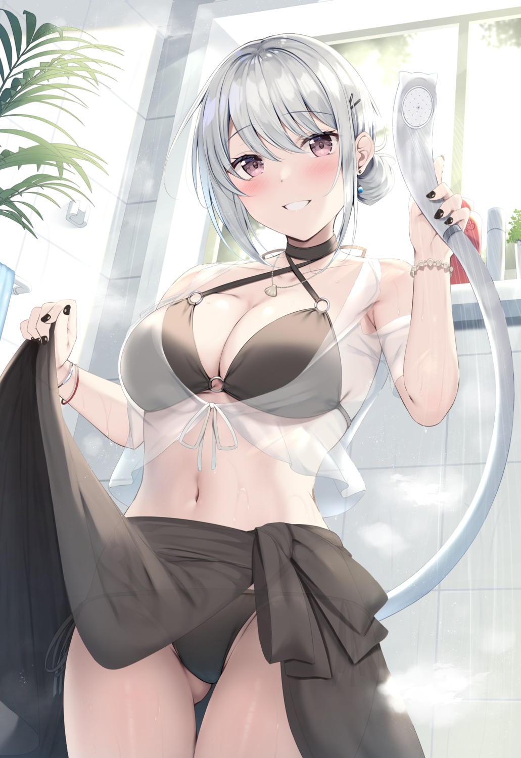 bikini open_shirt see_through skirt_lift swimsuits tomoo