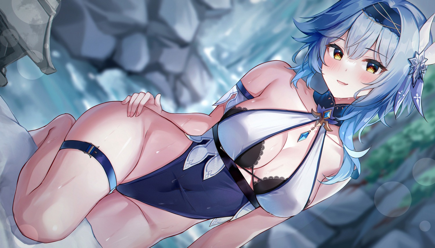 bra eric_(tianqijiang) eula garter genshin_impact leotard wet wet_clothes