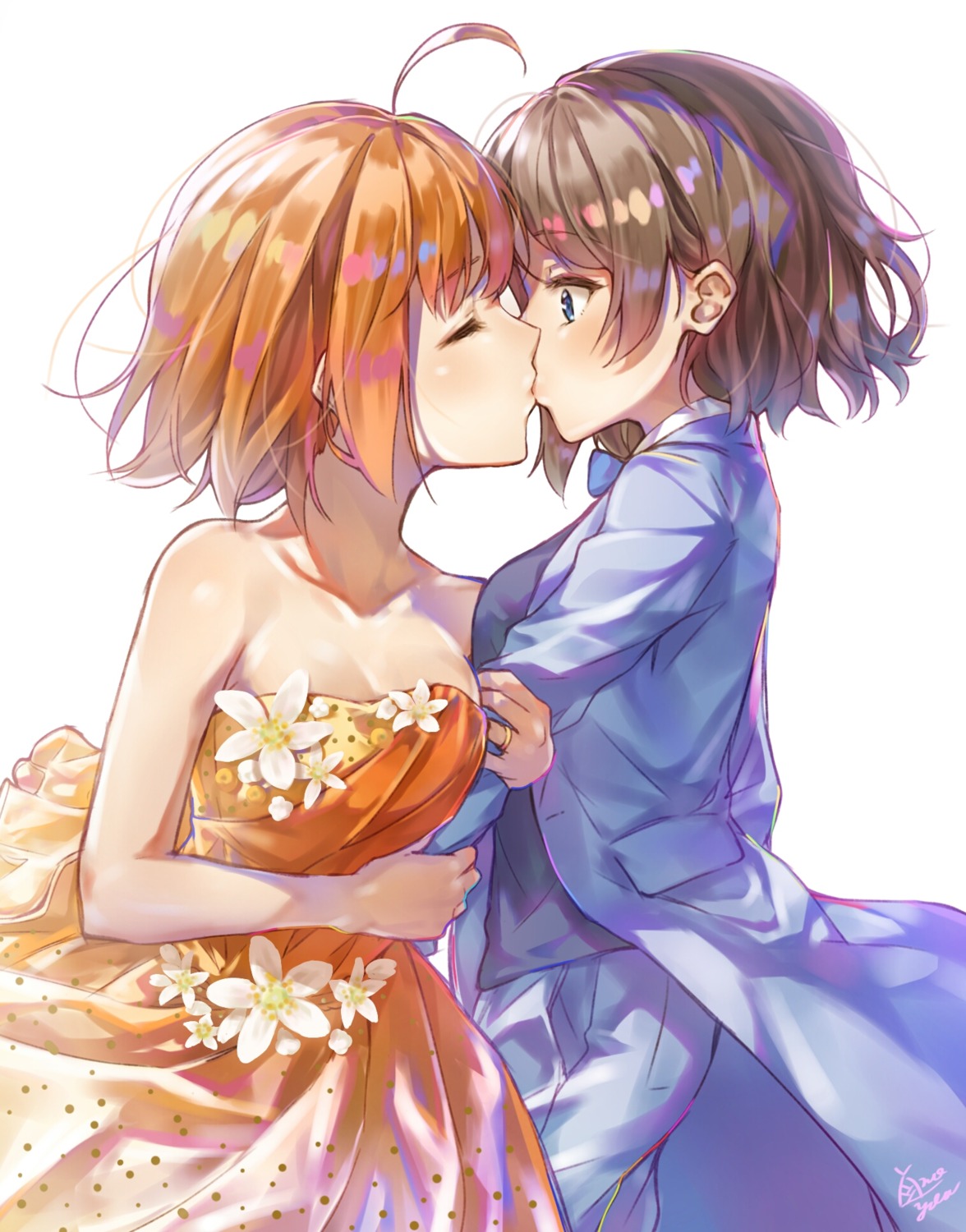 cleavage dress love_live!_sunshine!! takami_chika takenoko_no_you watanabe_you wedding_dress yuri