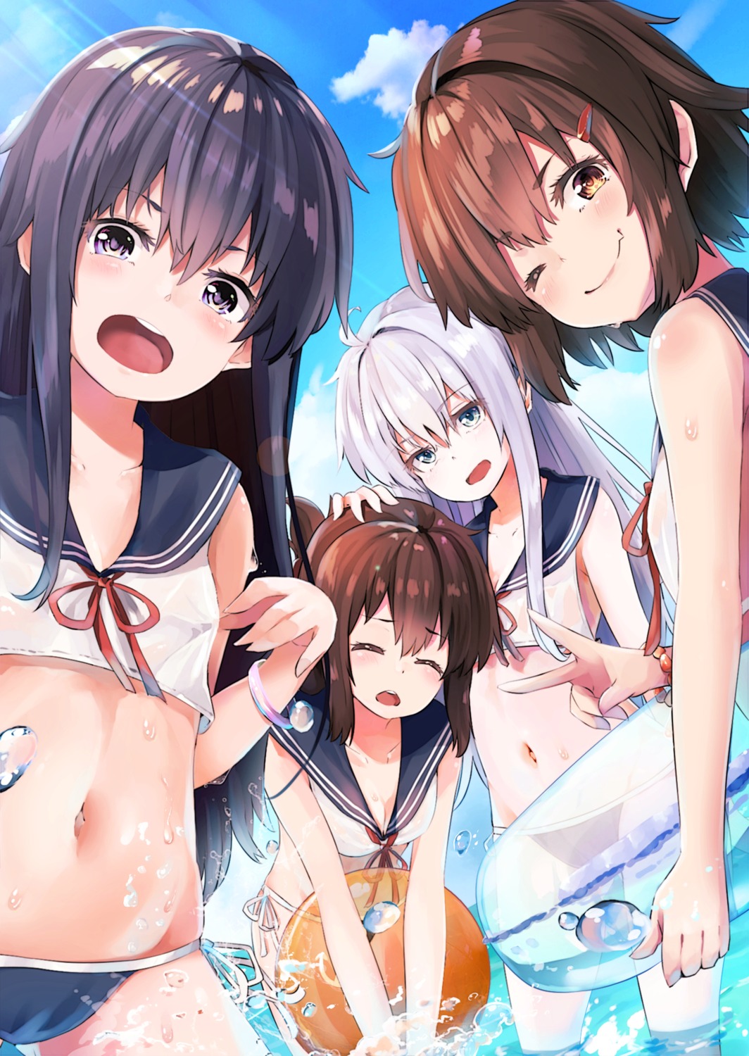 akatsuki_(kancolle) bikini cleavage hibiki_(kancolle) ikazuchi_(kancolle) inazuma_(kancolle) kantai_collection see_through swimsuits taisho_(gumiyuki) wet wet_clothes