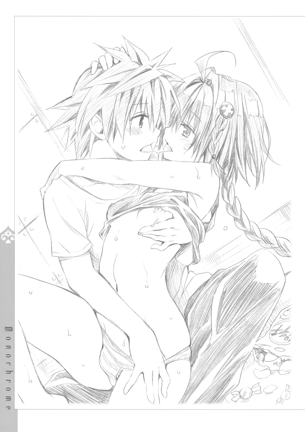 breast_grab breasts kurosaki_mea monochrome nipples no_bra pantsu panty_pull shimapan shirt_lift sketch to_love_ru to_love_ru_darkness undressing yabuki_kentarou yuuki_rito