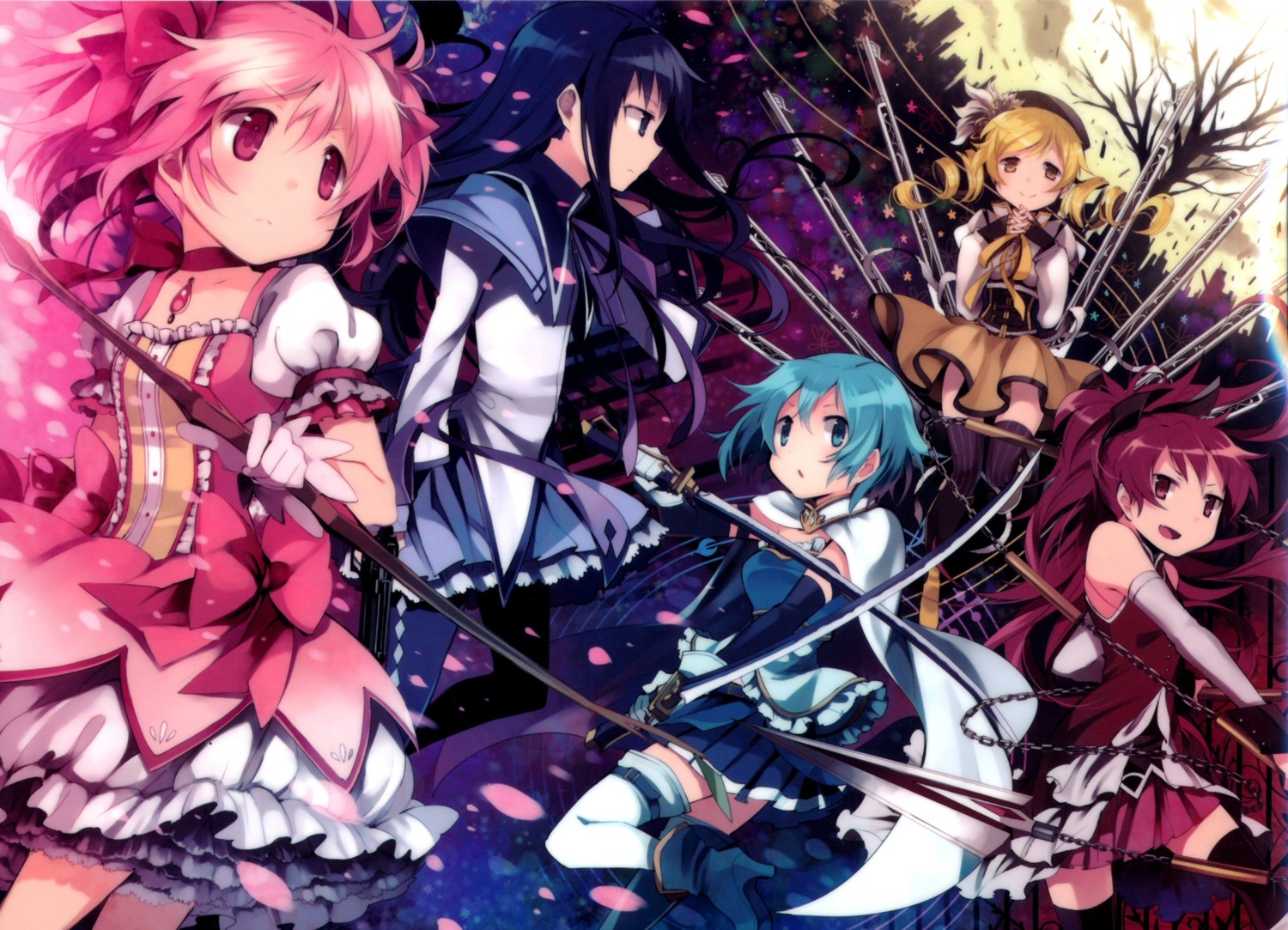 akemi_homura gun hanokage kaname_madoka mahou_shoujo_madoka_magica miki_sayaka sakura_kyouko sword thighhighs tomoe_mami