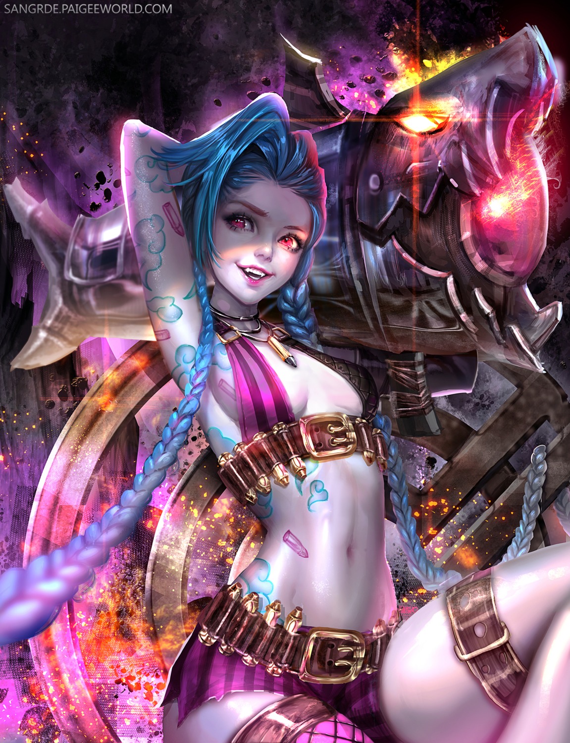 cleavage garter gun jinx league_of_legends no_bra official_watermark sangrde tattoo thighhighs