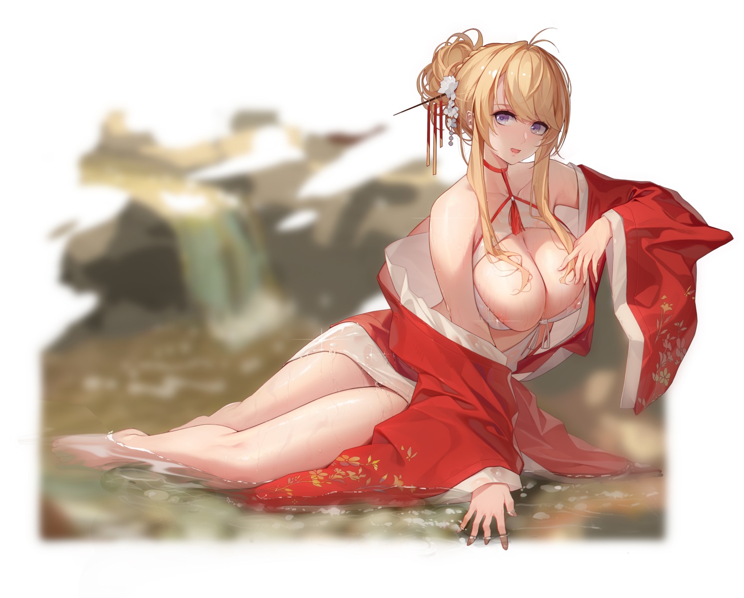 azur_lane glorious_(azur_lane) japanese_clothes nipples no_bra open_shirt see_through wet wet_clothes yuwan_2333