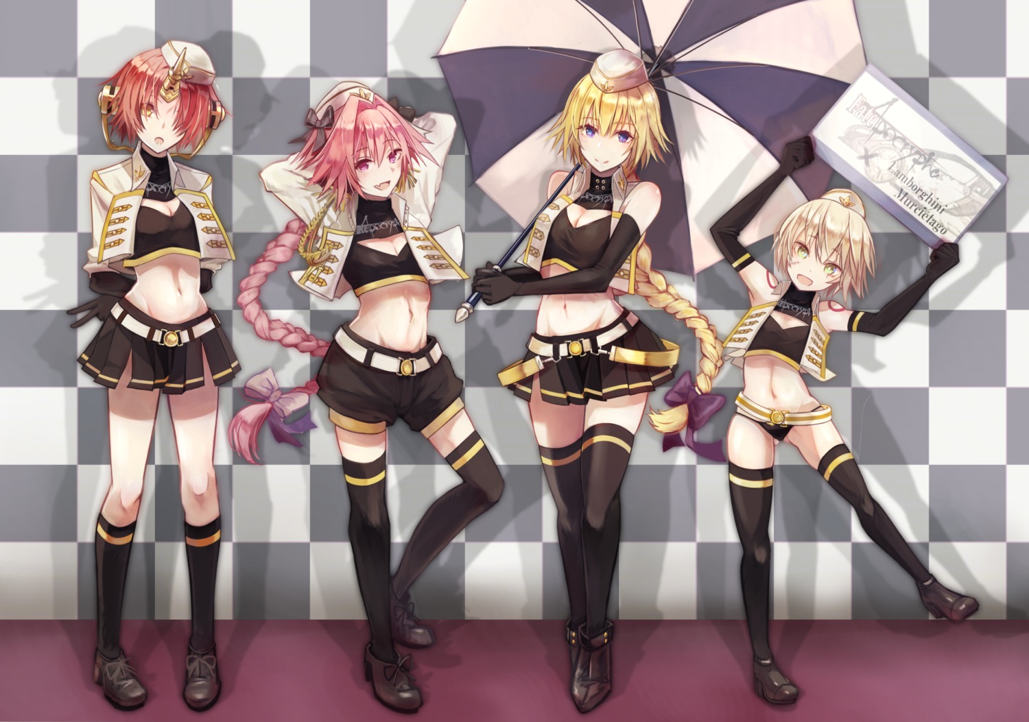 astolfo_(fate) barserker cleavage fate/apocrypha fate/stay_night frankenstein's_monster_(fate) heels horns jack_the_ripper jeanne_d'arc jeanne_d'arc_(fate) loli pantsu tattoo thighhighs trap umbrella
