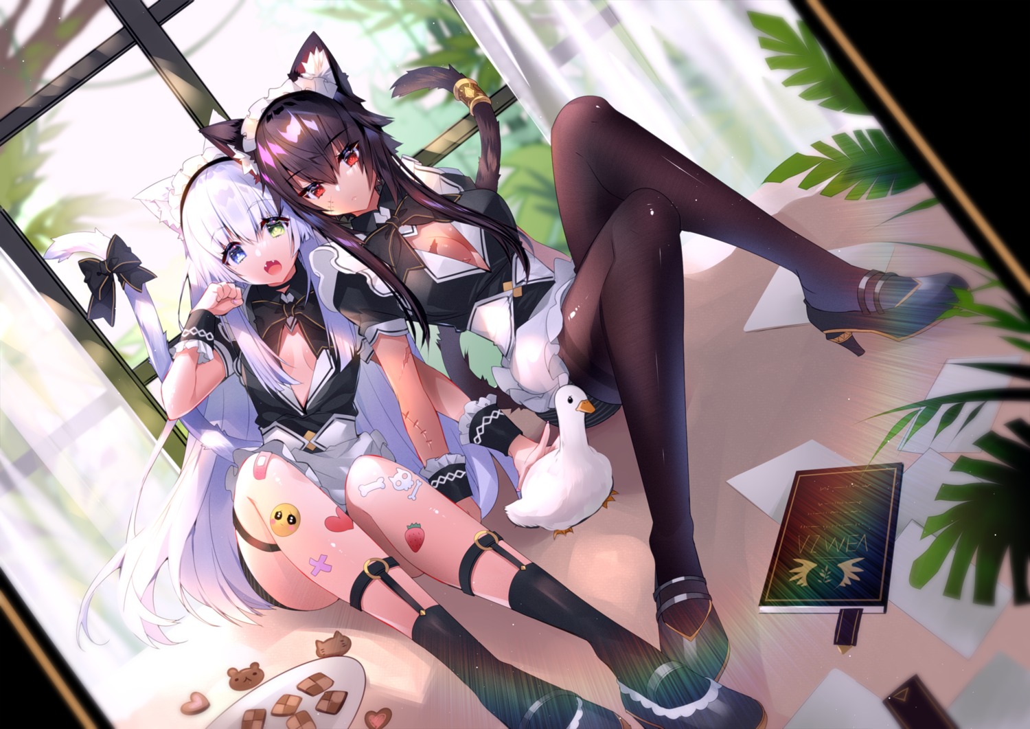 animal_ears bandaid cleavage garter heels heterochromia maid nekomimi no_bra pantyhose tail usagihime