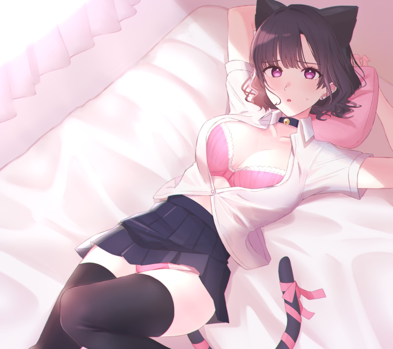 animal_ears bra cleavage monotiina nekomimi open_shirt pantsu seifuku skirt_lift tail thighhighs