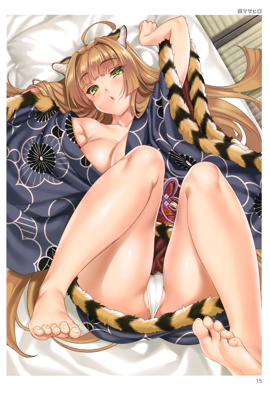 animal_ears cle_masahiro cleavage feet kimono no_bra open_shirt tail thong toranoana