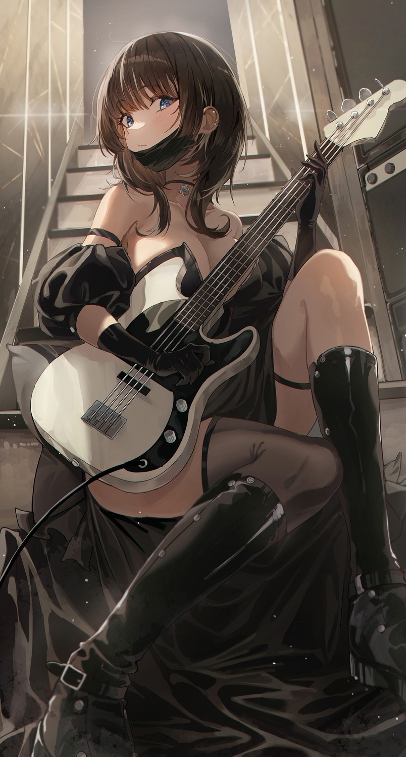 2gong_(9ujin_) garter guitar no_bra skirt_lift thighhighs