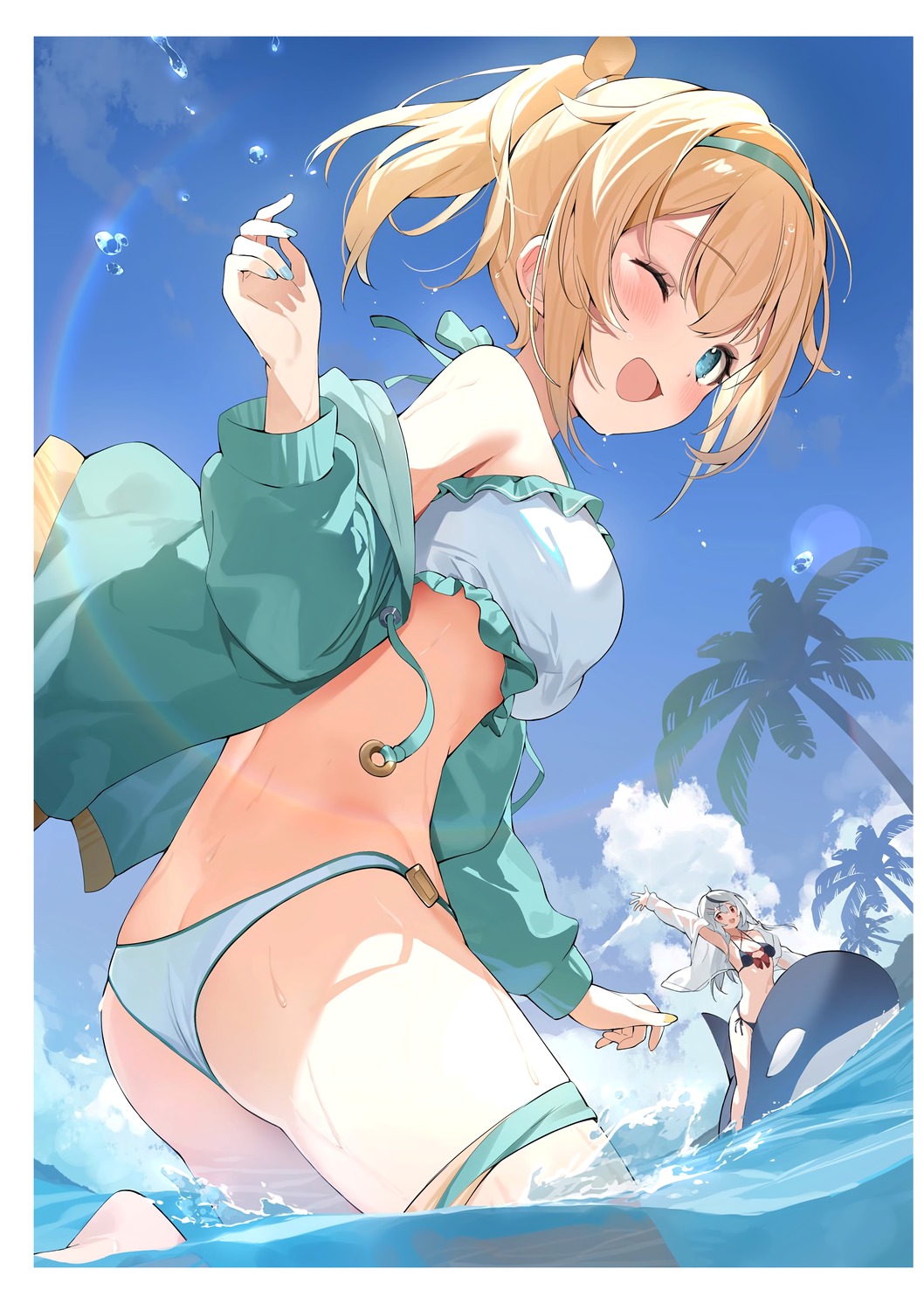 bikini falenini's garter hana_mori hololive kazama_iroha open_shirt sakamata_chloe swimsuits wet