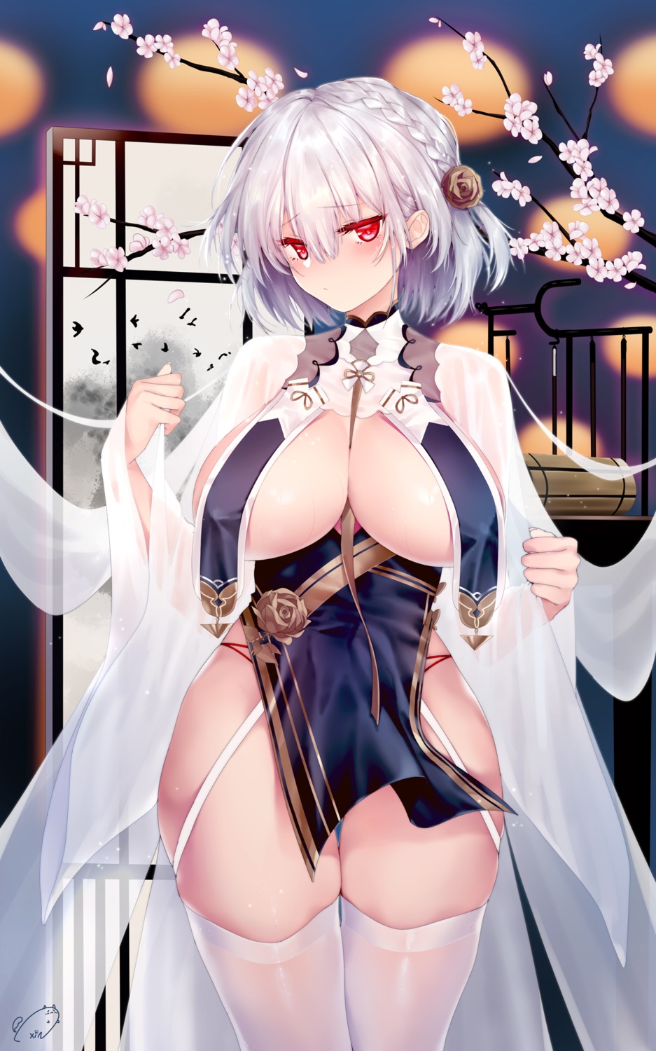 asian_clothes azur_lane erect_nipples no_bra sirius_(azur_lane) stockings thighhighs xin