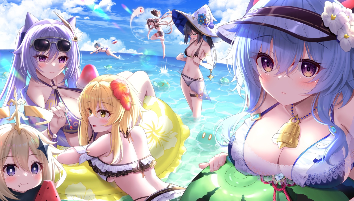 ass bikini bikini_top eula ganyu garter genshin_impact horns hu_tao keqing lumine megane mona_megistus paimon see_through swimsuits underboob wet witch yunagi_amane