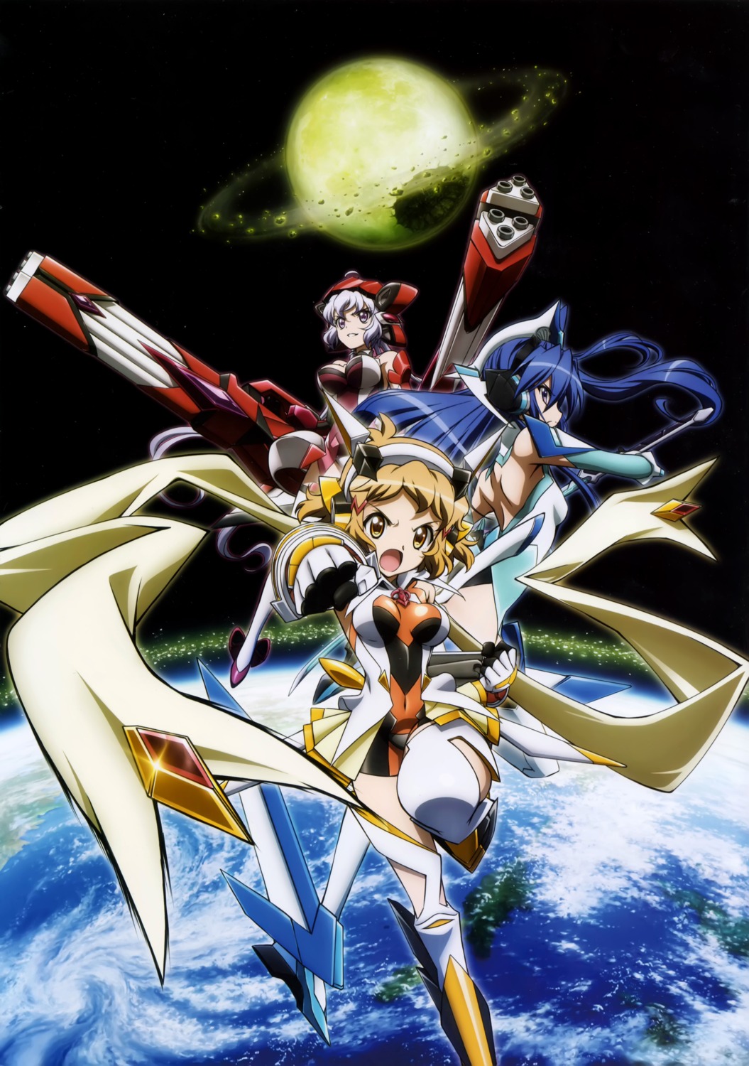 armor fujimoto_satoru gun headphones kazanari_tsubasa no_bra scanning_dust senki_zesshou_symphogear sword tachibana_hibiki thighhighs yukine_chris