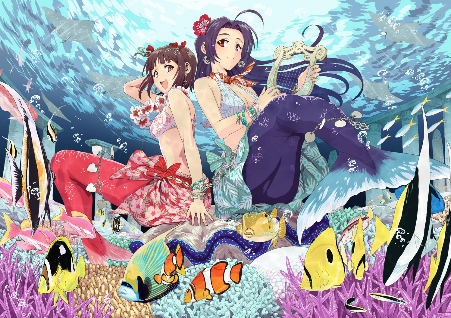 amami_haruka bikini_top jpeg_artifacts mermaid miura_azusa monster_girl swimsuits the_idolm@ster tsurui