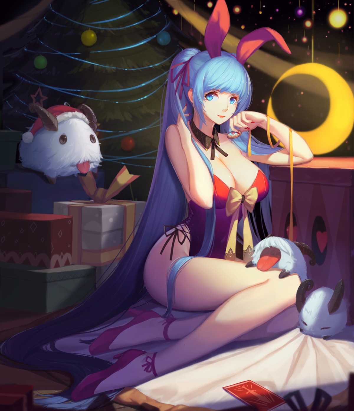 animal_ears bunny_ears bunny_girl christmas cleavage heels helic_(7317helic) league_of_legends pantsu poro_(league_of_legends) sona_buvelle string_panties