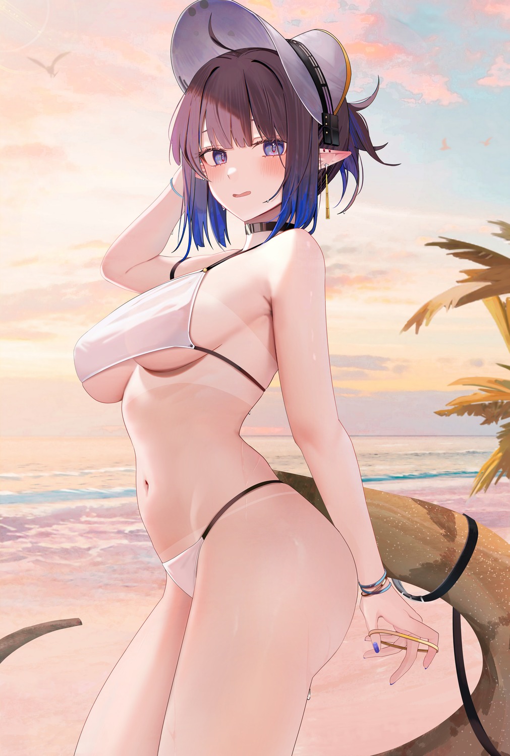 arknights bikini eunectes_(arknights) pointy_ears ru_zhai swimsuits tail tan_lines