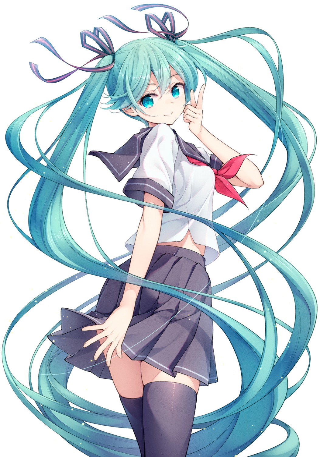 hatsune_miku matsuuni seifuku skirt_lift thighhighs vocaloid