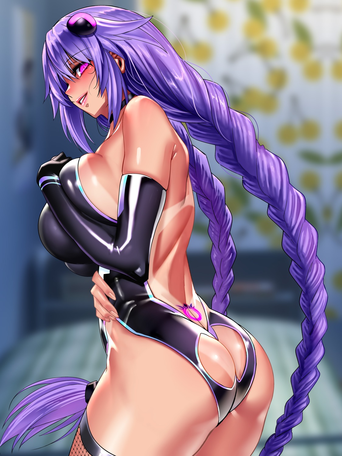 ass breast_hold fishnets leotard nopan nyamota_(noraneko_koubou) purple_heart shinjigen_game_neptune_vii tan_lines tattoo thighhighs