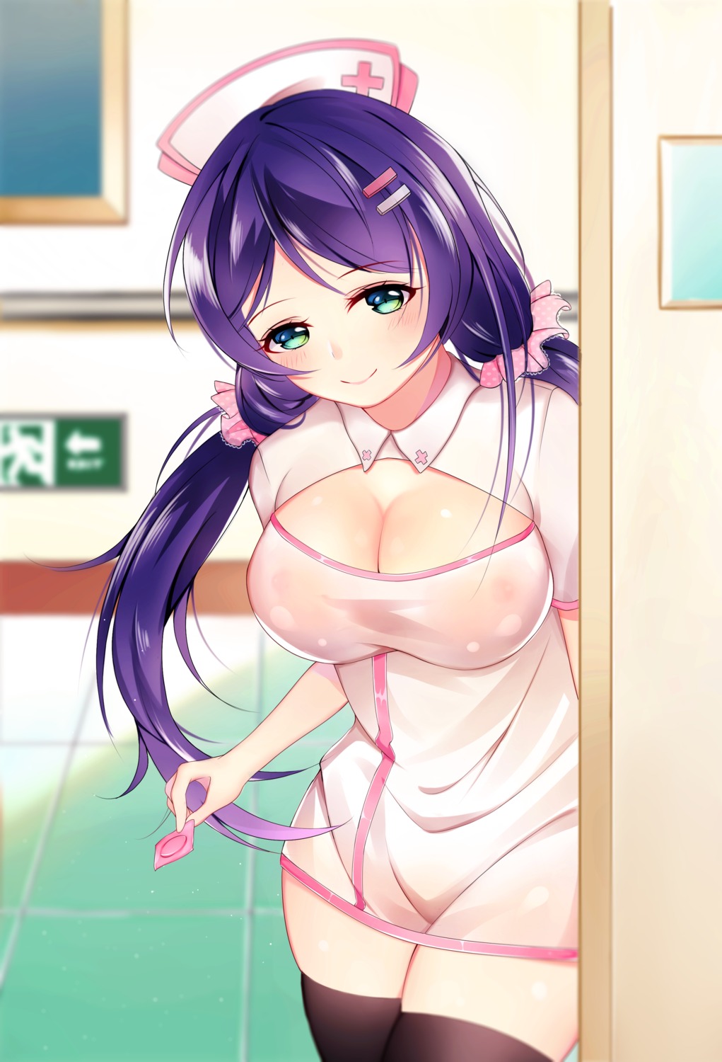 cleavage love_live! no_bra nurse see_through thighhighs toujou_nozomi yura_(artist)