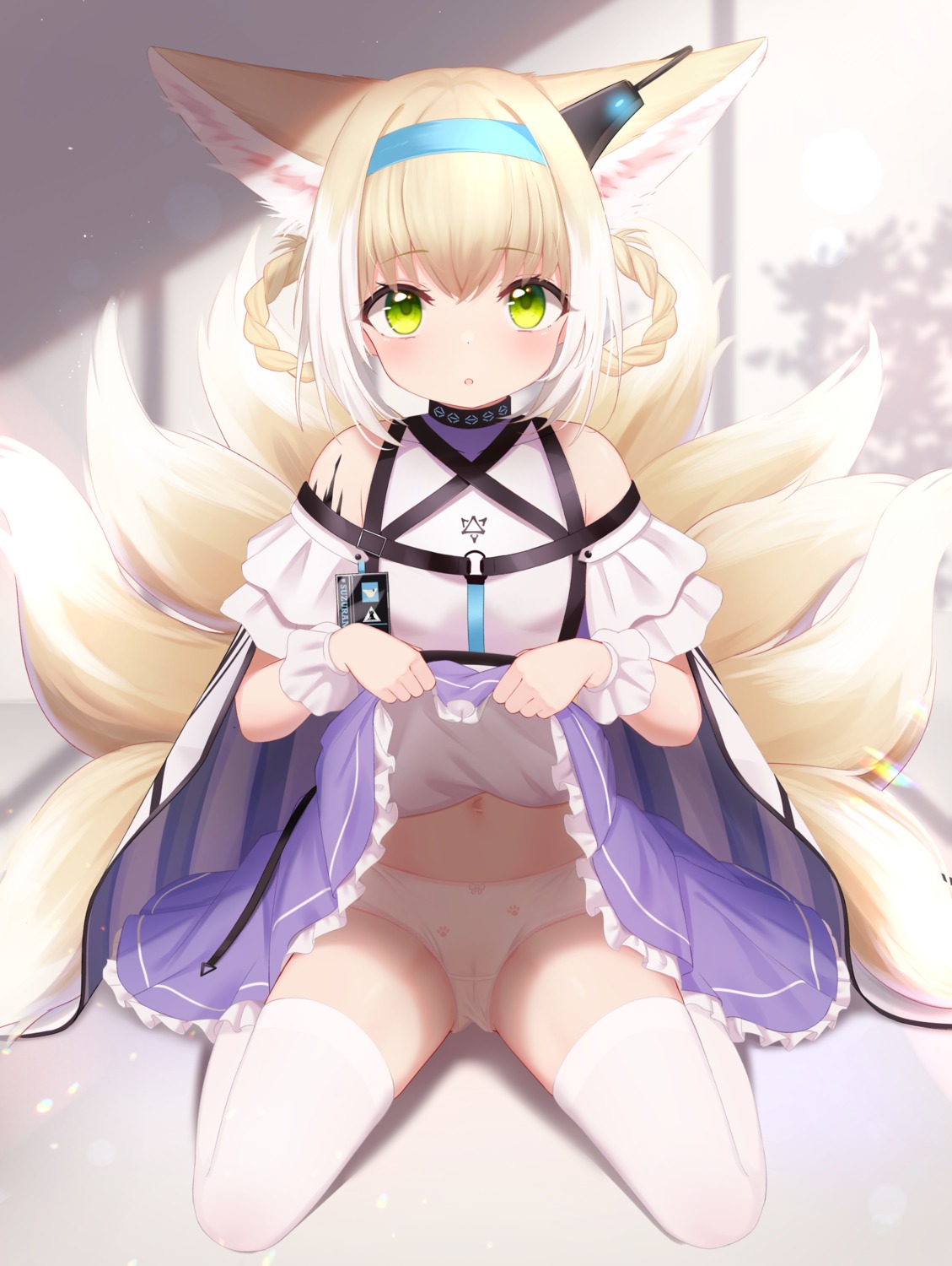 animal_ears arknights cameltoe hawawa kitsune loli pantsu skirt_lift suzuran_(arknights) tail thighhighs