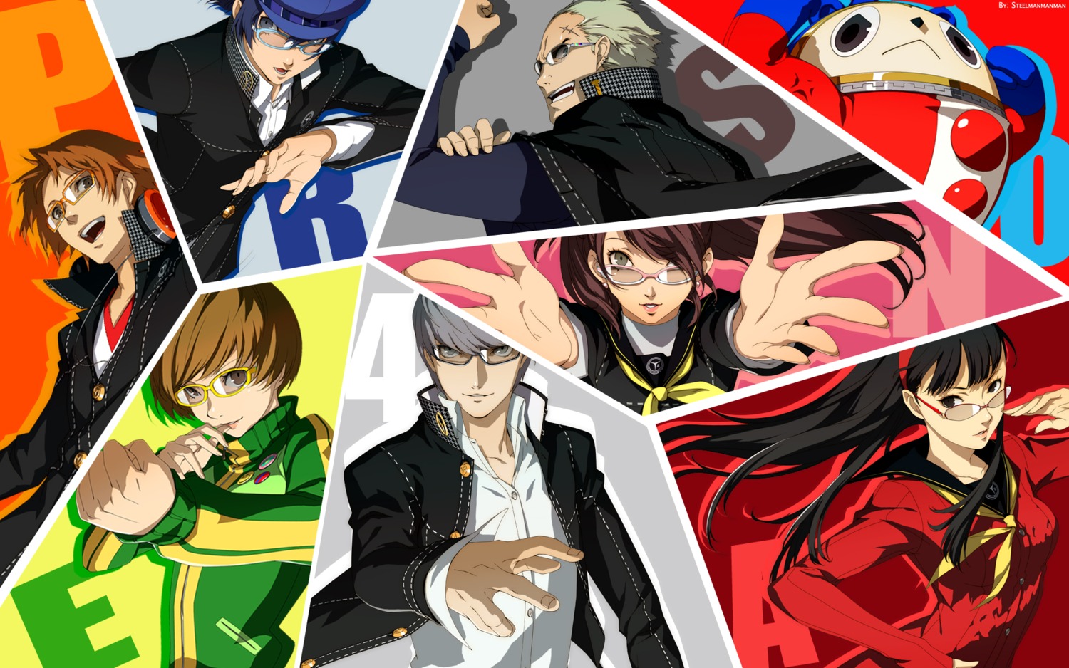 amagi_yukiko hanamura_yousuke kujikawa_rise kuma_(persona_4) megane megaten narukami_yuu persona persona_4 satonaka_chie seifuku shirogane_naoto tatsumi_kanji wallpaper