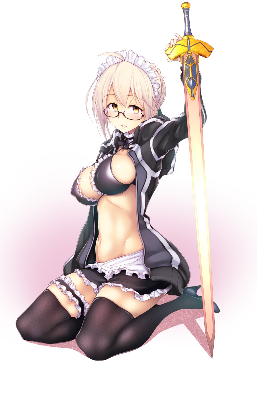 bikini_top cosplay do_(taka) erect_nipples fate/grand_order garter heels heroine_x_alter maid megane open_shirt saber saber_alter swimsuits sword thighhighs