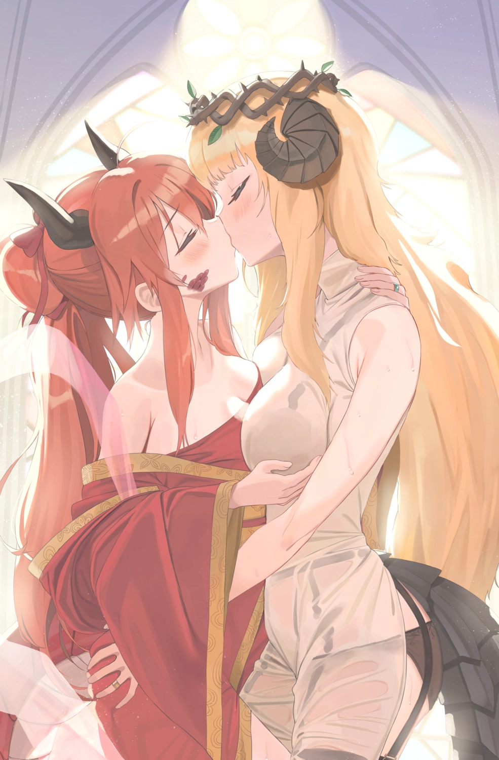 artist_revision ass_grab bra breast_hold electriccross garter_belt horns no_bra open_shirt pantsu see_through stockings symmetrical_docking tail thighhighs wet yuri