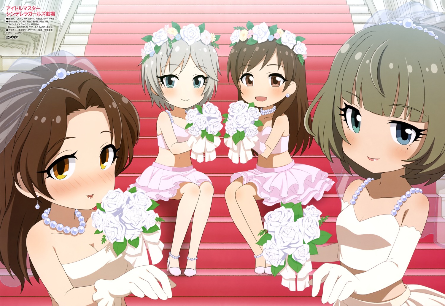 agemono anastasia_(idolm@ster) cleavage dress heels kawashima_mizuki nitta_minami takagaki_kaede takatsu_tomoko the_idolm@ster the_idolm@ster_cinderella_girls wedding_dress