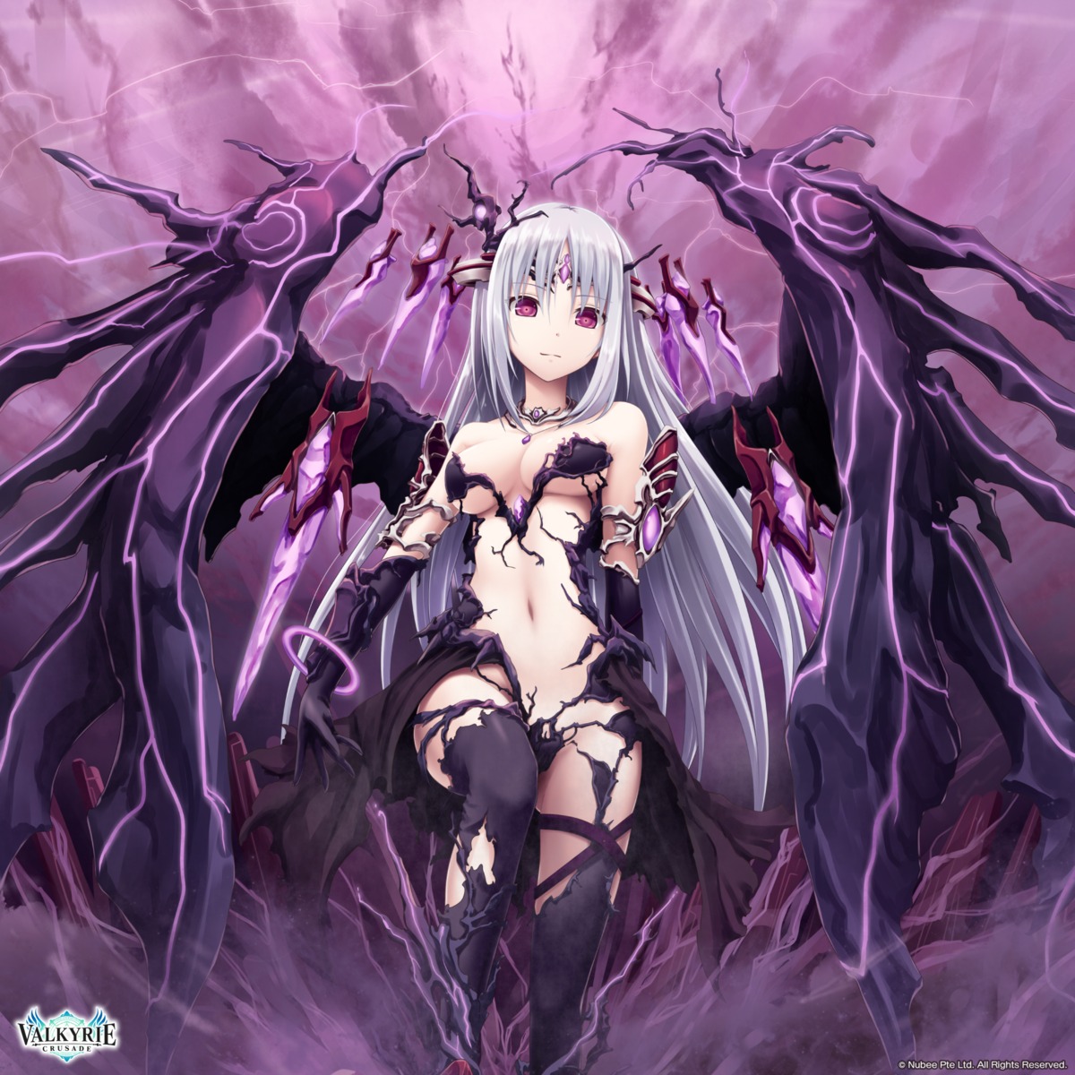 akkijin chaos_(shinkai_no_valkyrie) cleavage devil dress no_bra nopan nubee shinkai_no_valkyrie thighhighs torn_clothes underboob wings