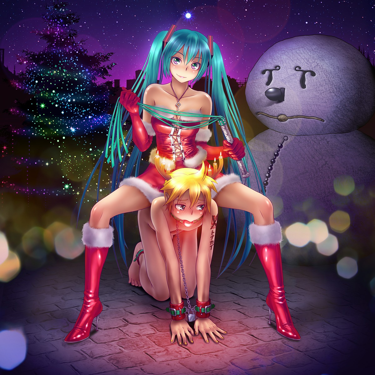 bondage christmas cleavage hatsune_miku kagamine_len naked tattoo vocaloid wokada