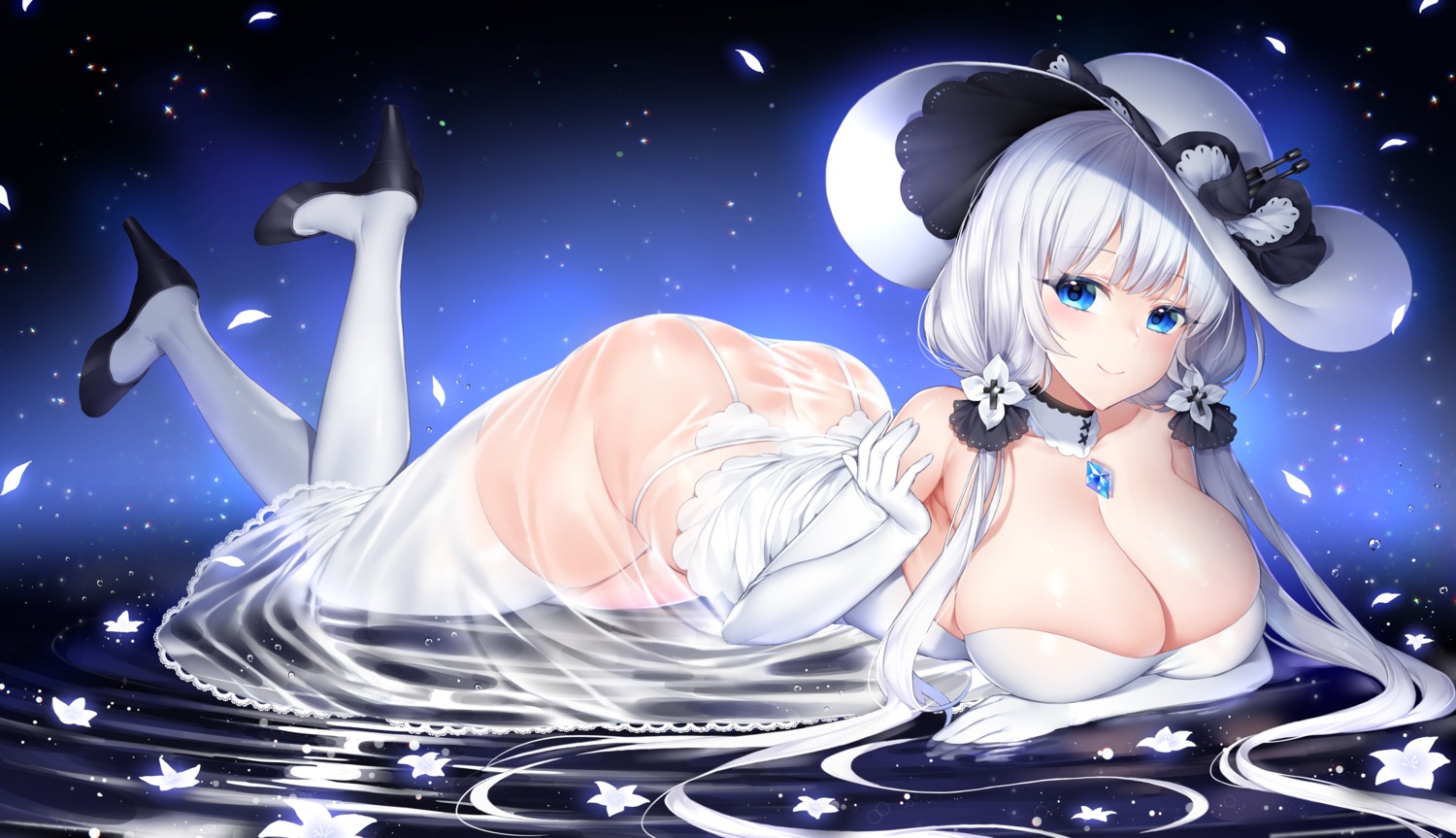 azur_lane breast_hold dress garter_belt heels ia_(ias1010) illustrious_(azur_lane) no_bra nopan see_through skirt_lift stockings thighhighs wet wet_clothes