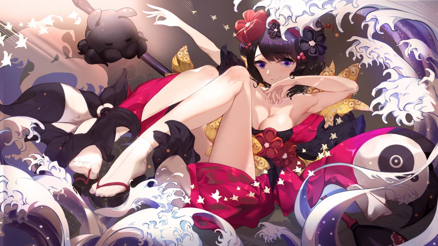 cleavage fate/grand_order japanese_clothes katsushika_hokusai_(fate) no_bra wallpaper xiaoshan_jiang