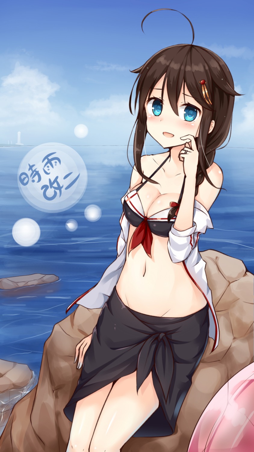 bikini_top cleavage kantai_collection open_shirt seifuku shigure_(kancolle) swimsuits tsuchikure