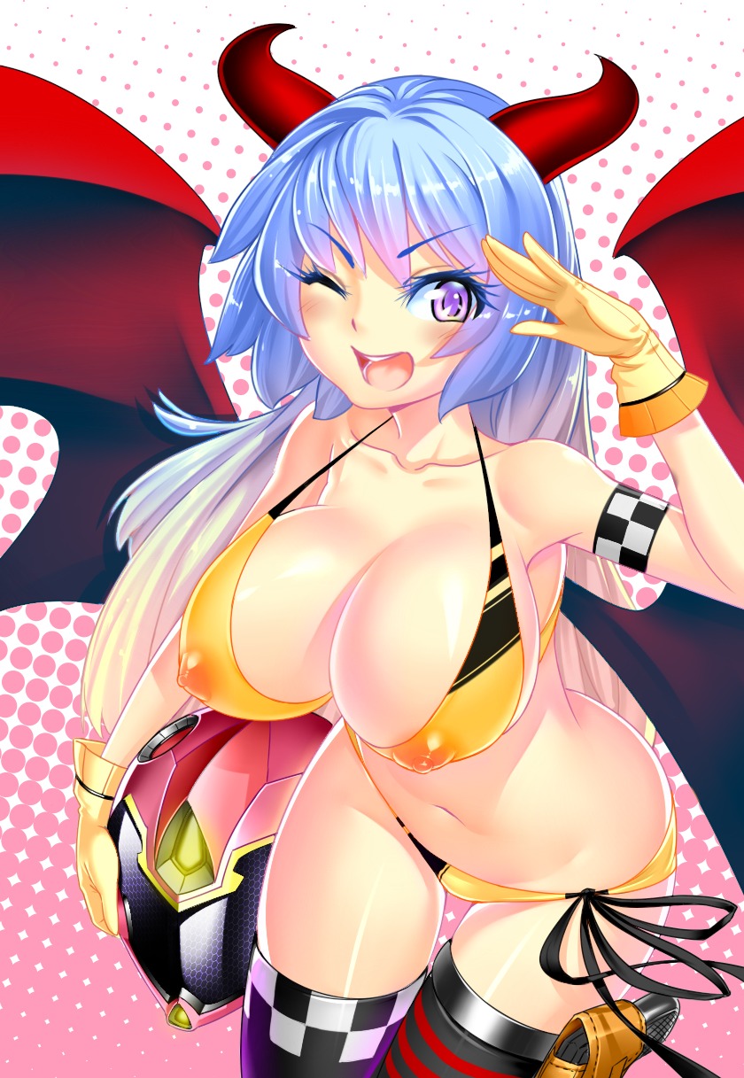 bikini cleavage devil erect_nipples garter horns lucknight see_through swimsuits thighhighs wings