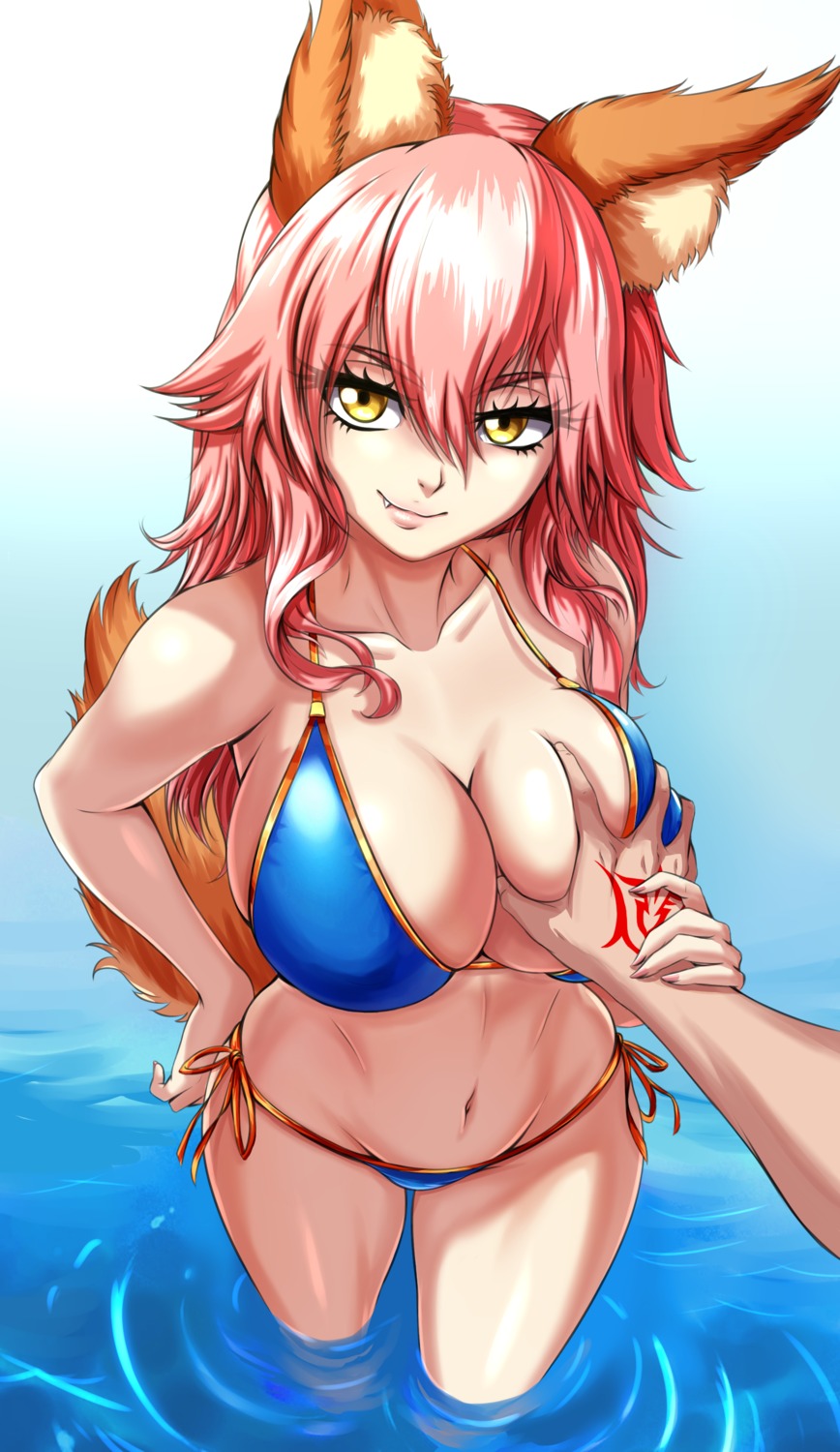 animal_ears bikini breast_grab fate/grand_order kitsune swimsuits tail tamamo_no_mae tattoo wet zantyarz