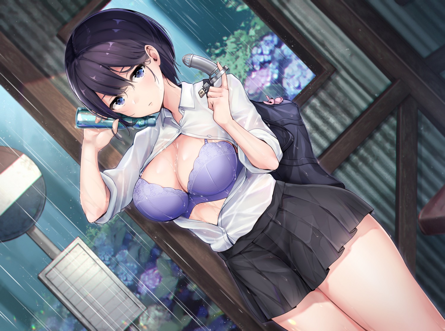 bra cleavage mappaninatta open_shirt see_through seifuku wet wet_clothes