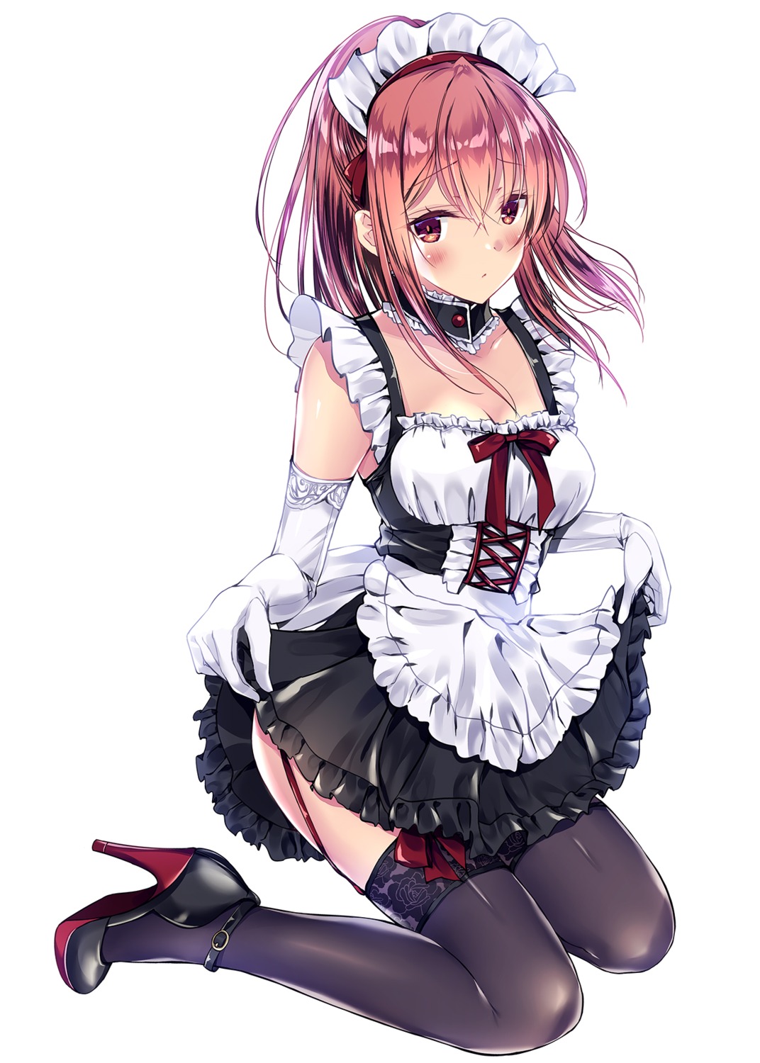 amaete_kuru_toshiue_kyokan_ni_yashinatte_moraunoha_yarisugi_desu_ka? cleavage heels kobayashi_chisato maid skirt_lift stockings thighhighs