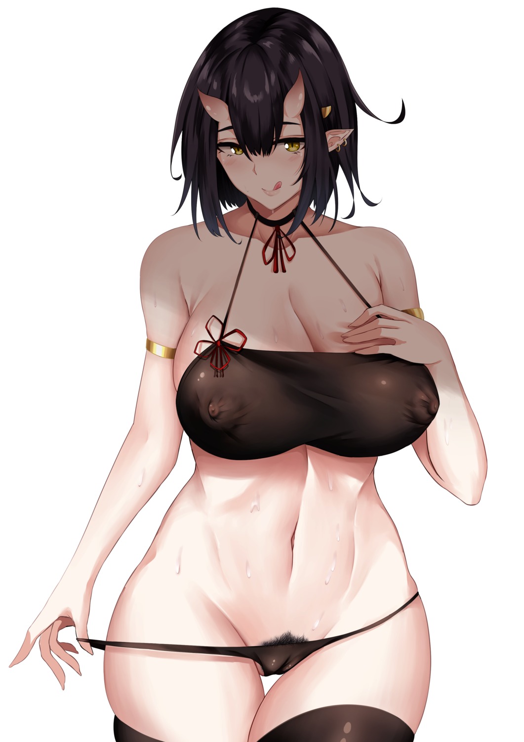 bikini breast_hold cameltoe deroo erect_nipples horns panty_pull pointy_ears pubic_hair swimsuits thighhighs undressing